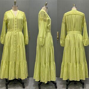 Long Sleeve Button up Lace Stitching Dress with Elastic at Waist